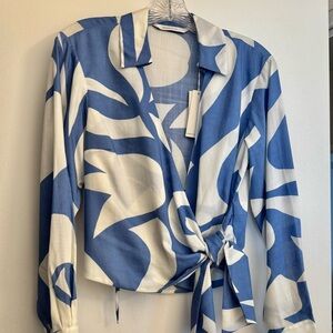 Rebecca Taylor Blue and White Abstract Wrap Blouse